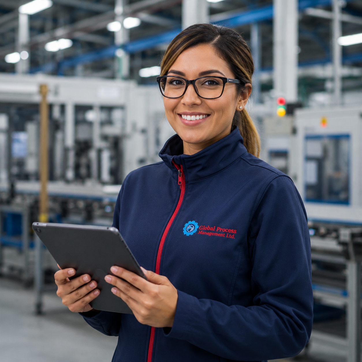 Smiling professional in industrial setting